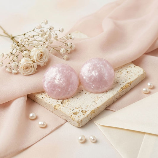 Pink Pearlescent Domed Round Stud Earrings
