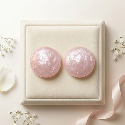 Pink Pearlescent Domed Round Stud Earrings