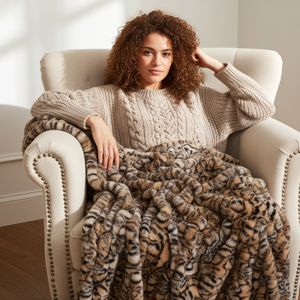 Plutus Natural Leopard Sharpei Faux Fur Luxury Throw Blanket - Home & Garden - Home Textile - Bedding