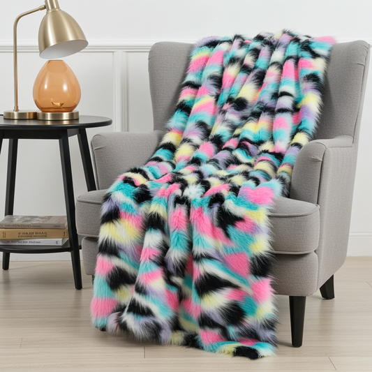 Plutus Pink Blue Black Yellow Exotic Faux Fur Luxury Throw Blanket - Home & Garden - Home Textile - Bedding