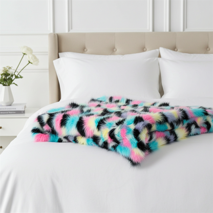 Plutus Pink Blue Black Yellow Exotic Faux Fur Luxury Throw Blanket - Home & Garden - Home Textile - Bedding