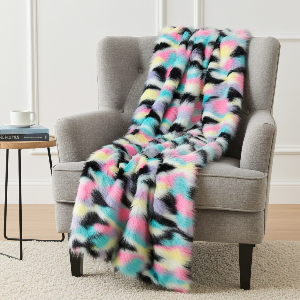 Plutus Pink Blue Black Yellow Exotic Faux Fur Luxury Throw Blanket - Home & Garden - Home Textile - Bedding
