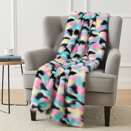 Plutus Pink Blue Black Yellow Exotic Faux Fur Luxury Throw Blanket - Home & Garden - Home Textile - Bedding