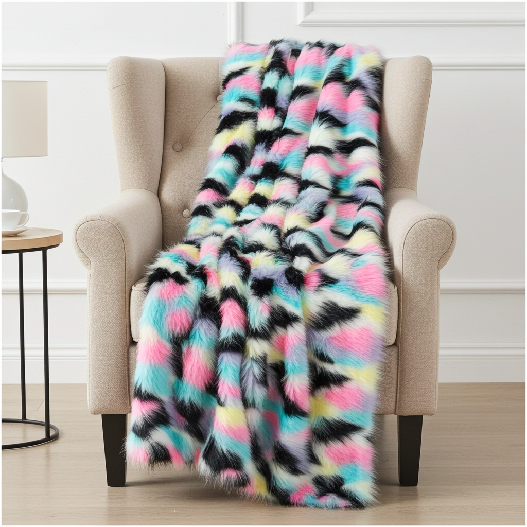 Plutus Pink Blue Black Yellow Exotic Faux Fur Luxury Throw Blanket - Home & Garden - Home Textile - Bedding