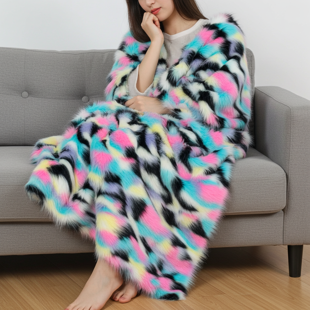 Plutus Pink Blue Black Yellow Exotic Faux Fur Luxury Throw Blanket - Home & Garden - Home Textile - Bedding