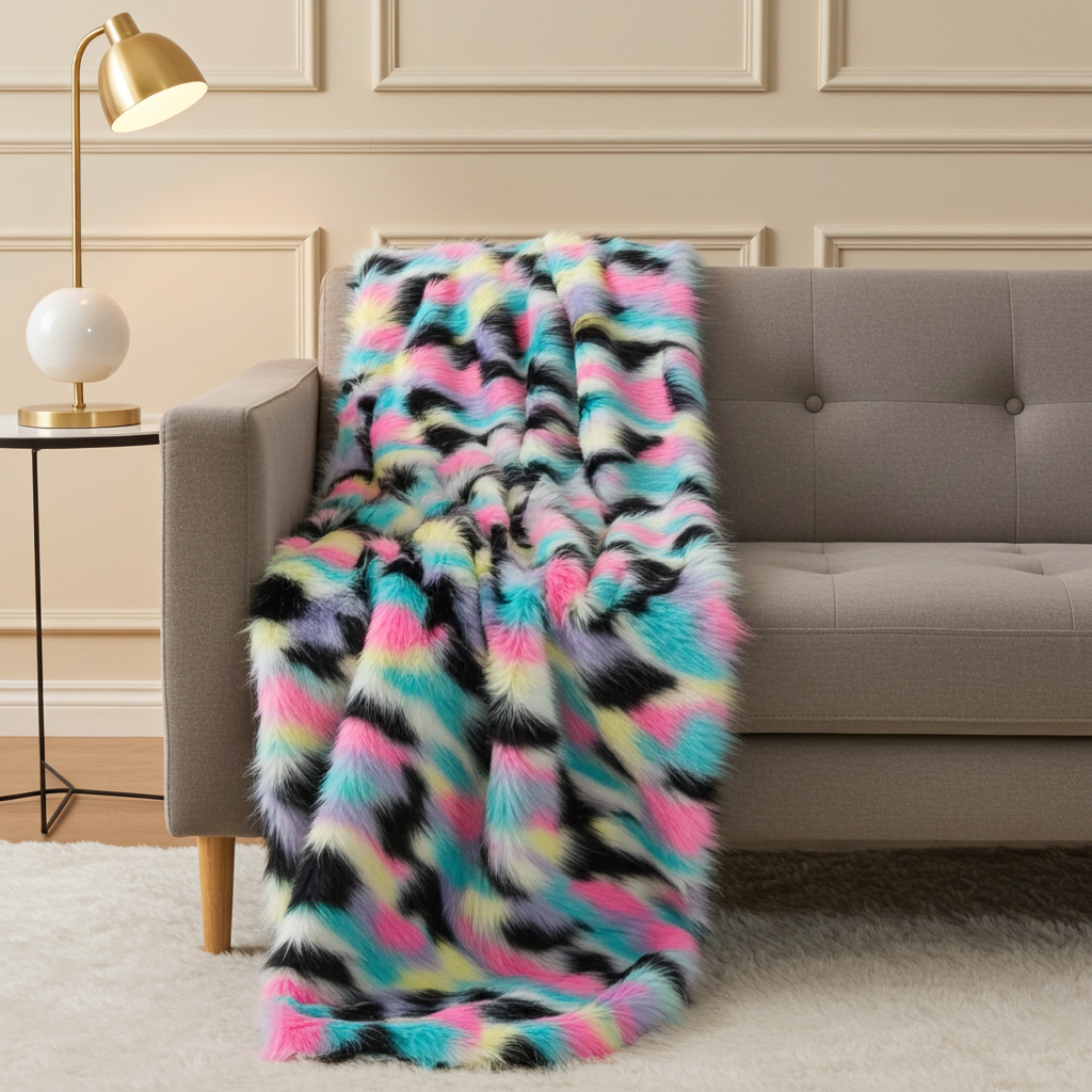 Plutus Pink Blue Black Yellow Exotic Faux Fur Luxury Throw Blanket - Home & Garden - Home Textile - Bedding