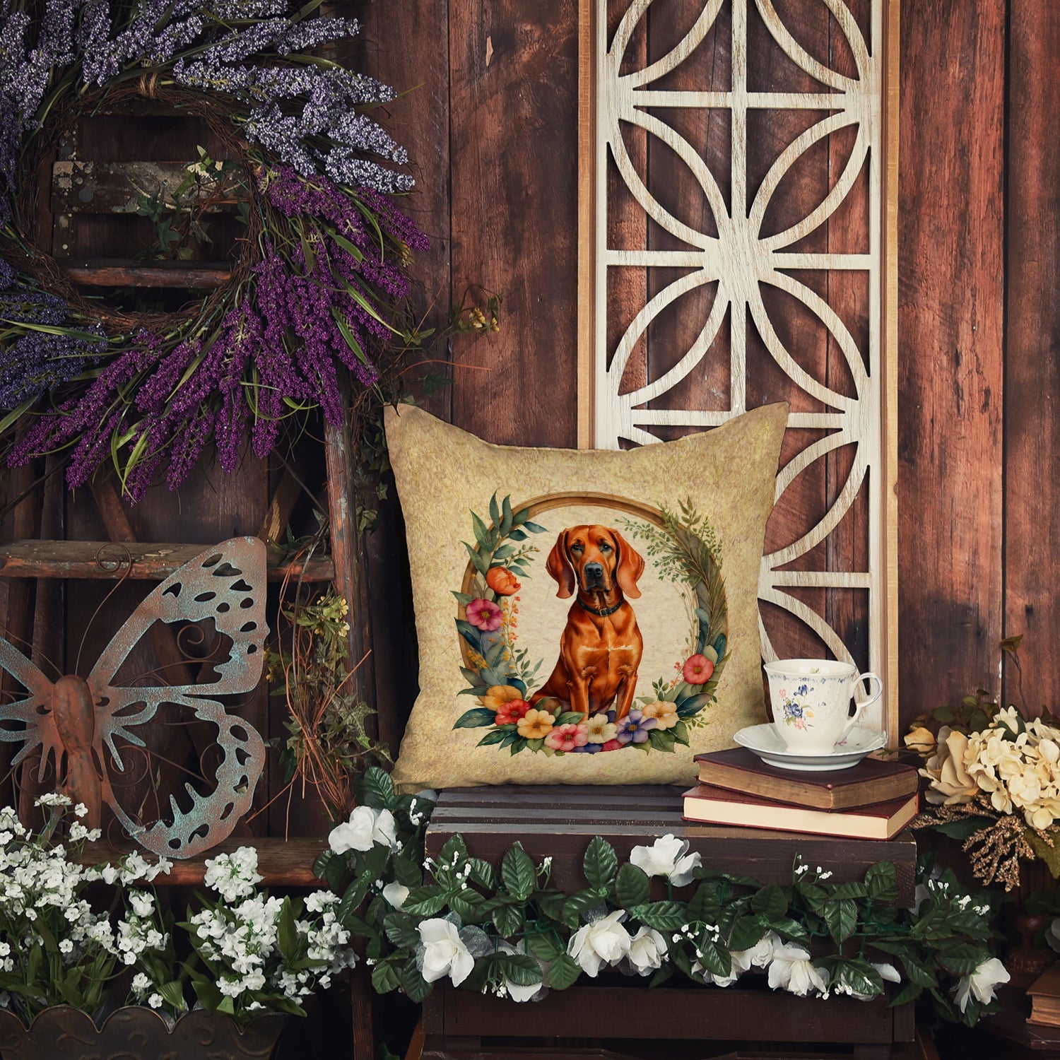 Redbone Coonhound and Flowers Throw Pillow - One Color / One Size - Home & Garden - Home Textile - Pillows