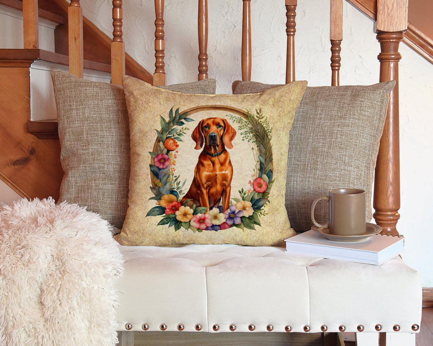 Redbone Coonhound and Flowers Throw Pillow - One Color / One Size - Home & Garden - Home Textile - Pillows