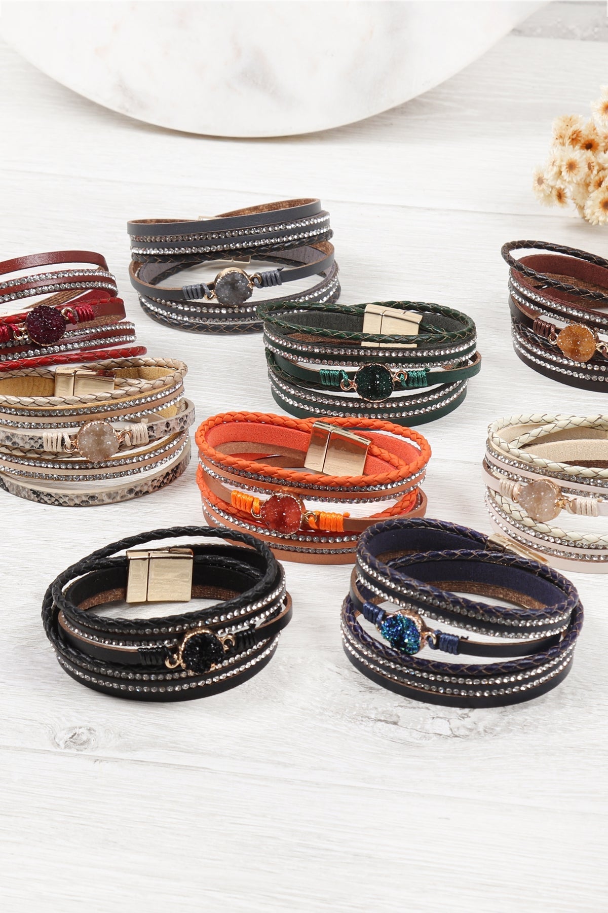 Rhinestone Encrusted Druzy Wrap Bracelet - Jewelry & Accessories - Bracelets & Bangles - Wrap Bracelets