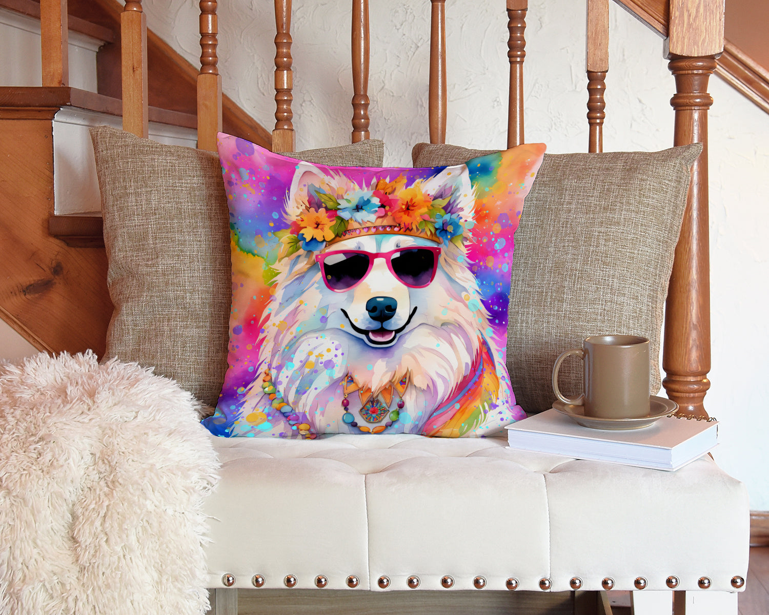 Samoyed Hippie Dawg Throw Pillow - One Color / One Size - Home & Garden - Home Textile - Pillows