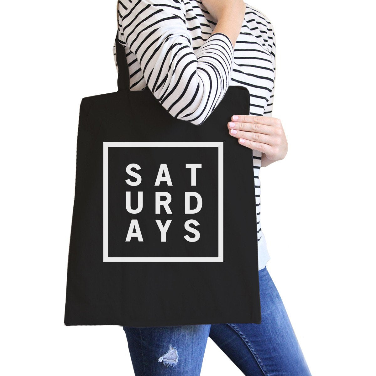 Saturdays Black Canvas Bag Trendy Typography Tote Bag Gift Ideas - One Color / One Size - Bags & Luggage - Women’s Bags