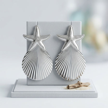 Silver Starfish Ribbed Teardrop XL Stud Earrings