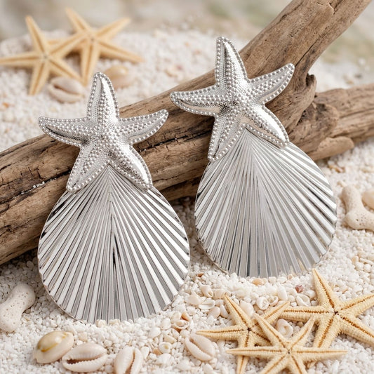 Silver Starfish Ribbed Teardrop XL Stud Earrings