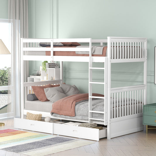Space-Saving Twin-Over-Twin Bunk Bed With Ladders and Two Storage Drawers - White - Home & Garden - Furniture