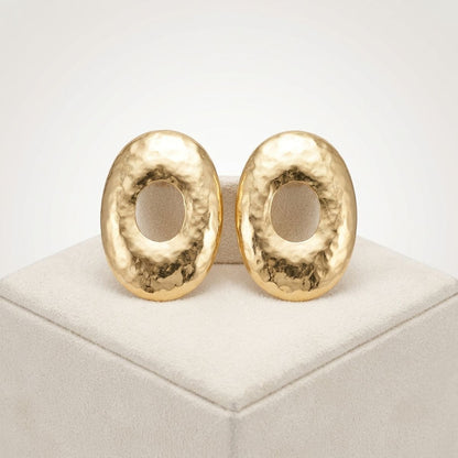Stud Brushed Gold Hammered Domed Oval Earrings