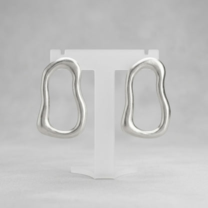 Stud Brushed Matte Silver Wavy Oval Earrings