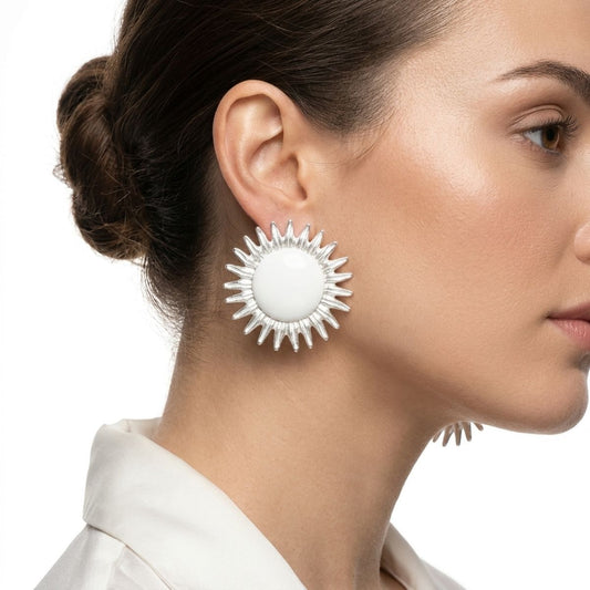 Stud Brushed Silver Domed Sun and Rays Earrings