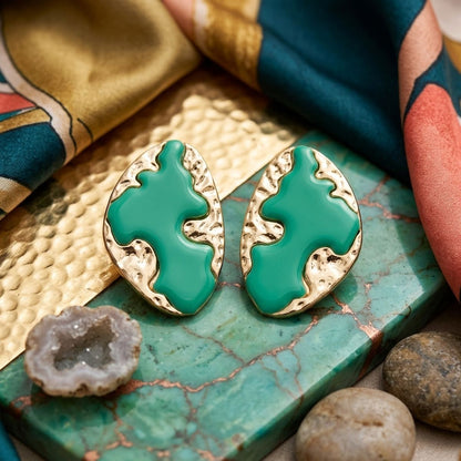 Stud Green and Gold Molten Metal Retro Earrings