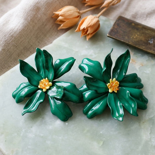 Stud Green Flower Oversized Wavy Petal Earrings