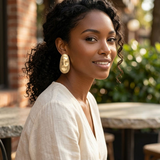 Stud Matte Gold Hammered Dome Teardrop Earrings