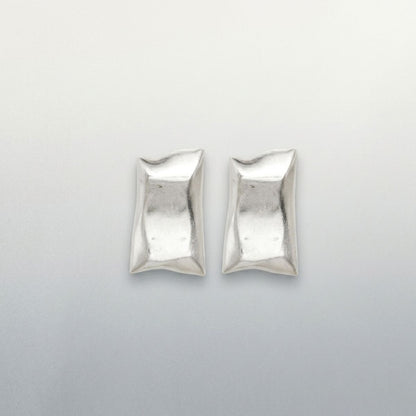 Stud Matte Silver Bent Rectangle Domed Earrings