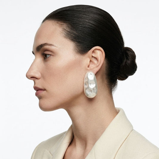 Stud Matte Silver Hammered Dome Teardrop Earrings