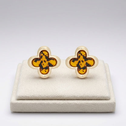 Stud Quatrefoil Brown Tortoiseshell Gold Earrings