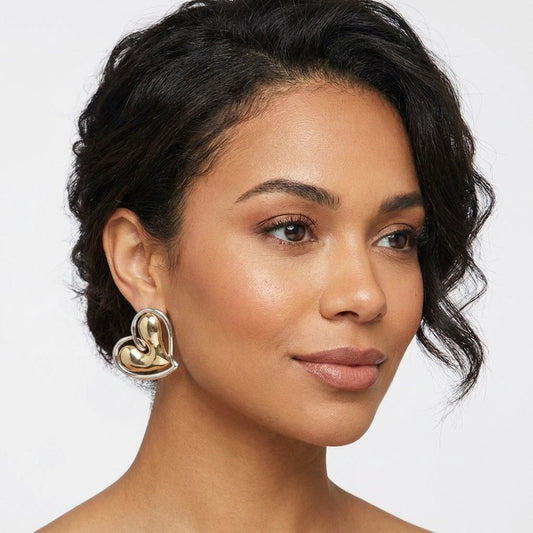 Stud Two Tone Gold Silver Chubby Heart Earrings