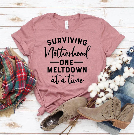 Surviving Motherhood One Meltdown at a Time T-Shirt - Women’s Fashion - Women’s Clothing - Tops & Tees - T-Shirts