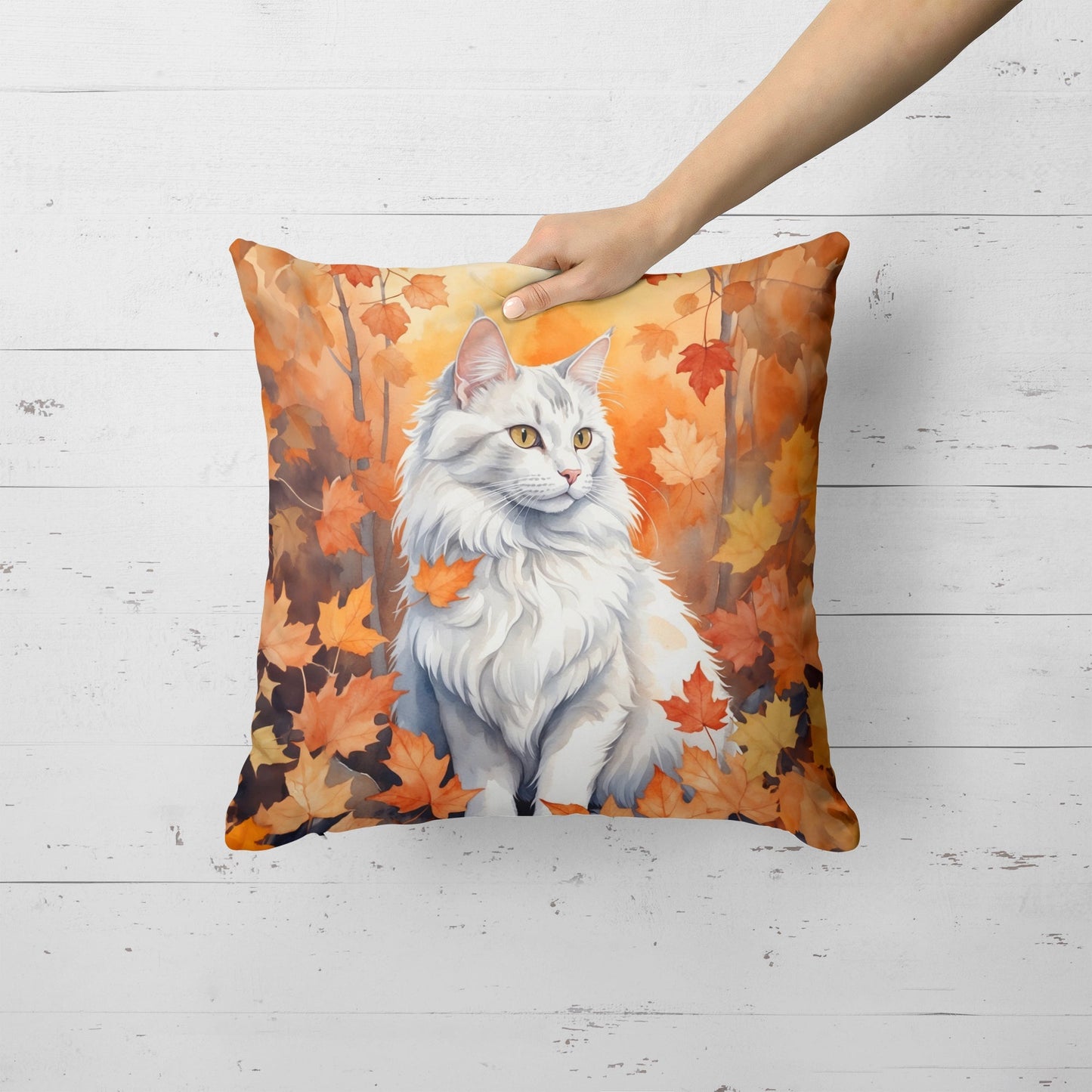 Turkish Angora Cat in Fall Leaves Throw Pillow - One Color / One Size - Home & Garden - Home Textile - Pillows