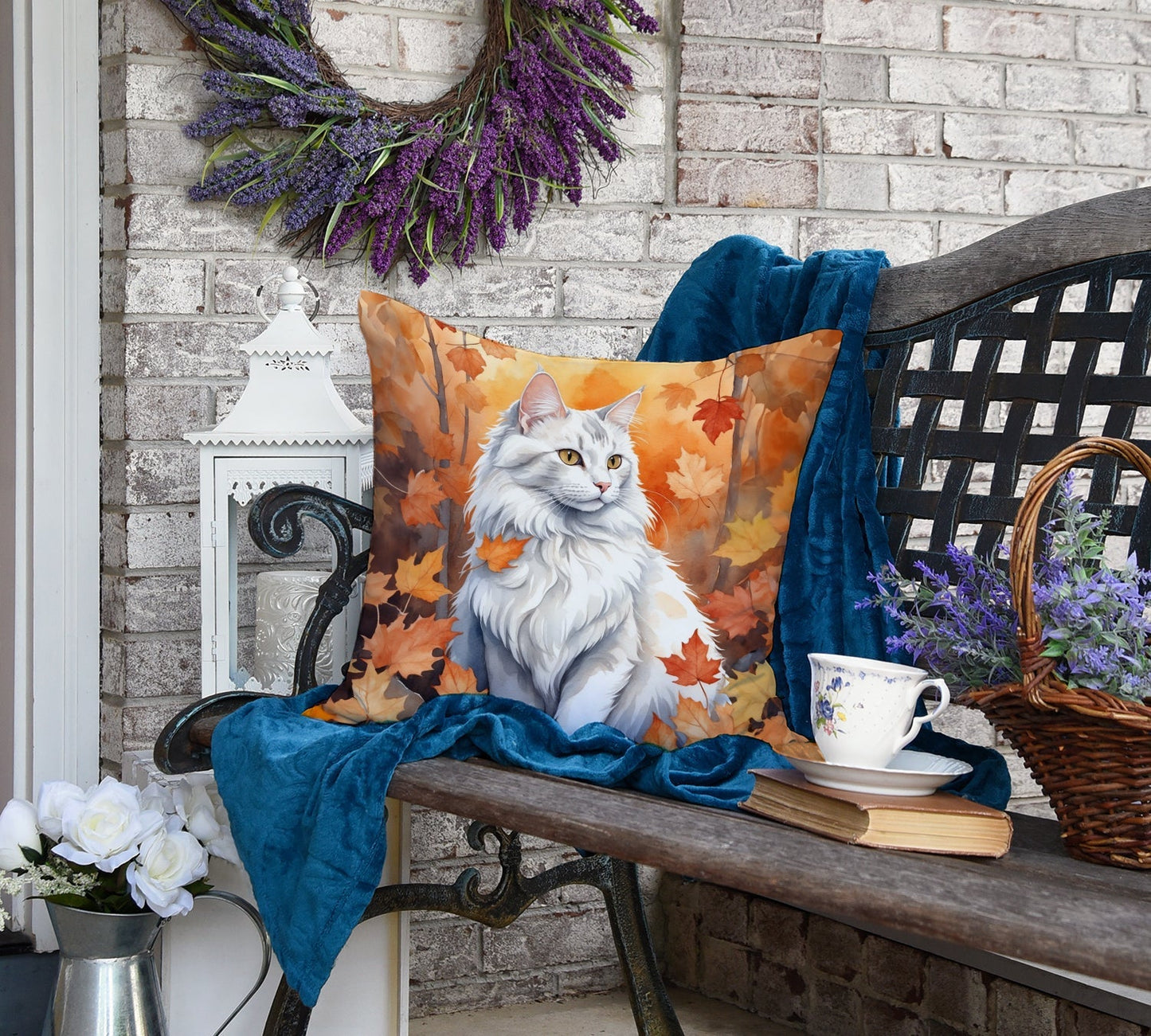 Turkish Angora Cat in Fall Leaves Throw Pillow - One Color / One Size - Home & Garden - Home Textile - Pillows