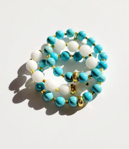 Turquoise & White Bracelets - 2-Turquoise & 1-White Jade - Jewelry & Accessories - Bracelets & Bangles - Charm Bracelets