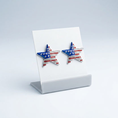 USA Flag Silver Star Patriotic Bling Stud Earrings