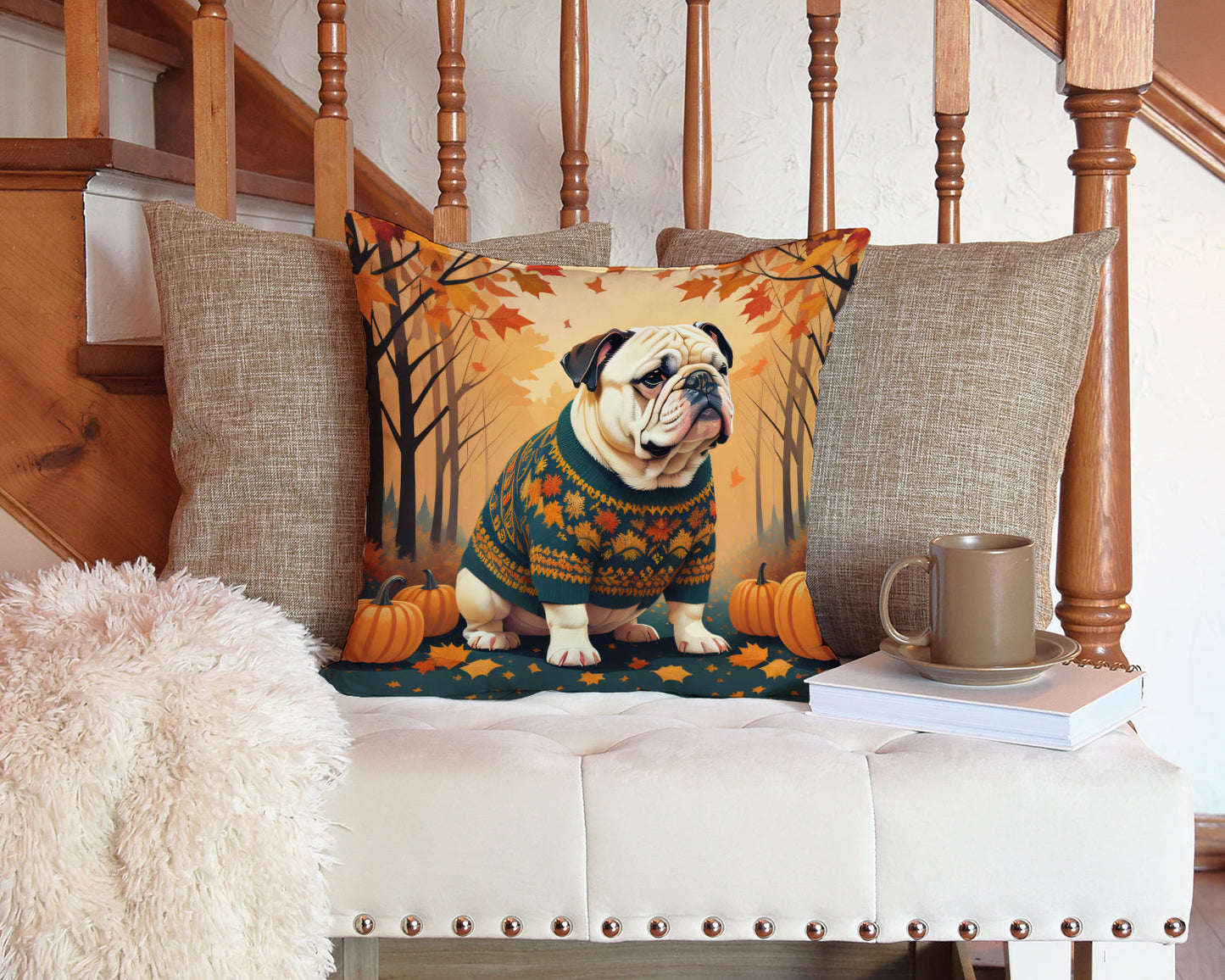 White English Bulldog Fall Throw Pillow - One Color / One Size - Home & Garden - Home Textile - Pillows
