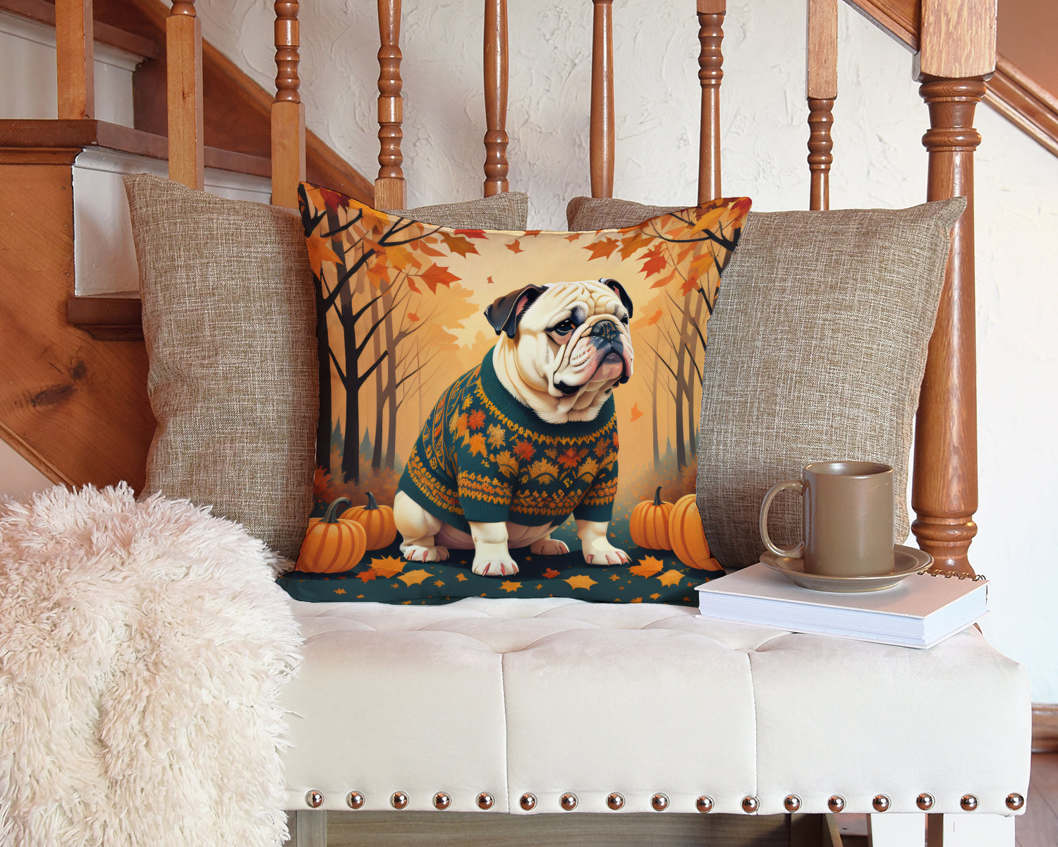 White English Bulldog Fall Throw Pillow - One Color / One Size - Home & Garden - Home Textile - Pillows