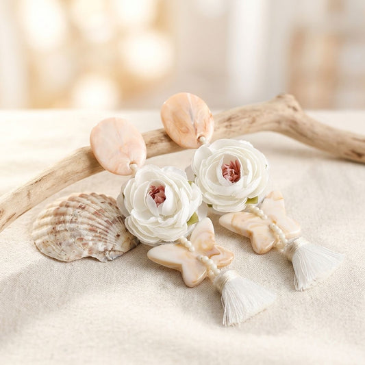 White Oversized Flower Butterfly Tassel Earrings