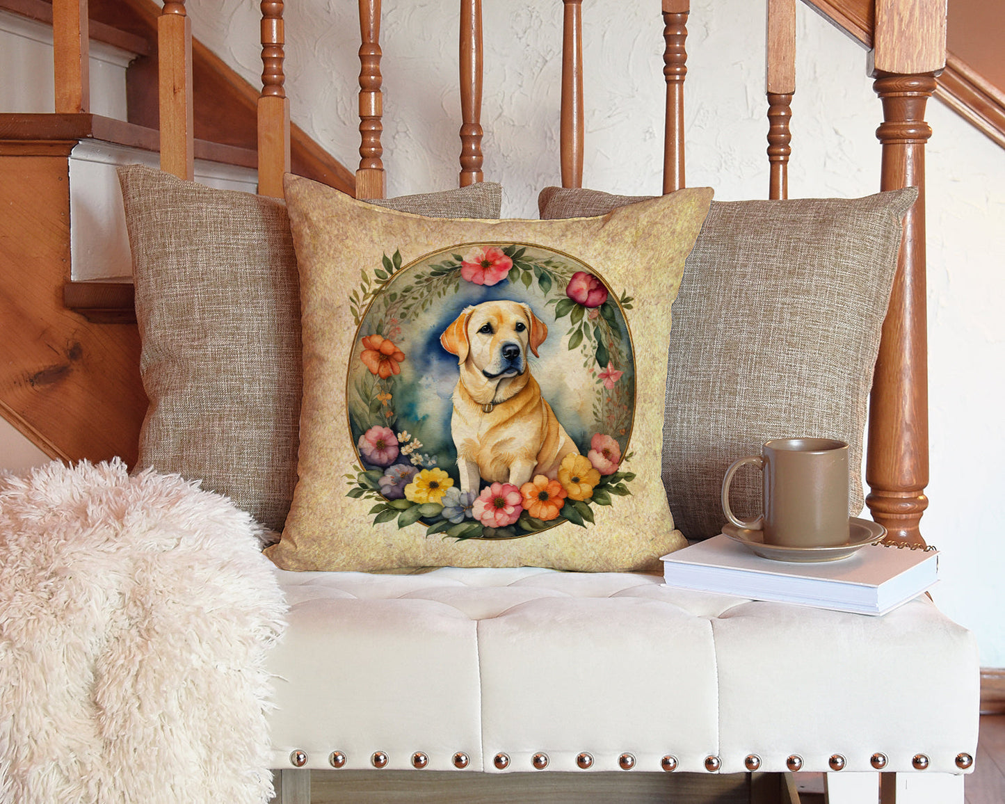 Yellow Labrador Retriever and Flowers Throw Pillow - One Color / One Size - Home & Garden - Home Textile - Pillows