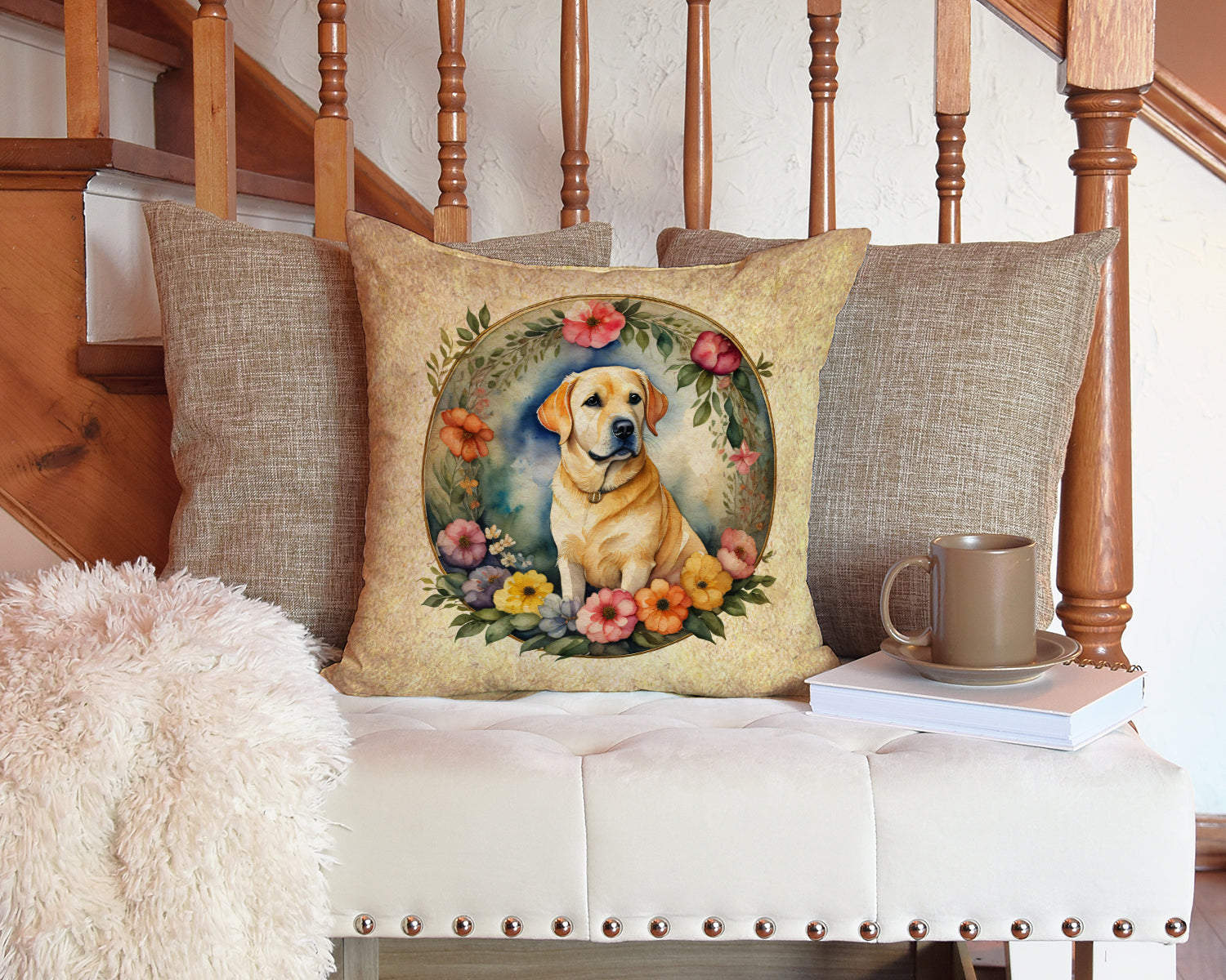 Yellow Labrador Retriever and Flowers Throw Pillow - One Color / One Size - Home & Garden - Home Textile - Pillows