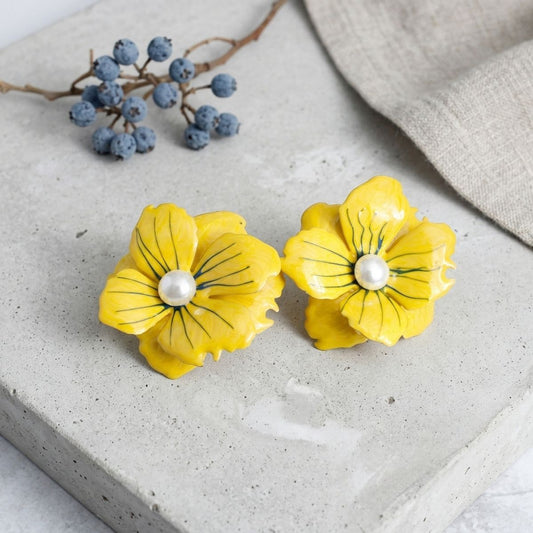 Yellow Oversize Stud Painted Petal Flower Earrings