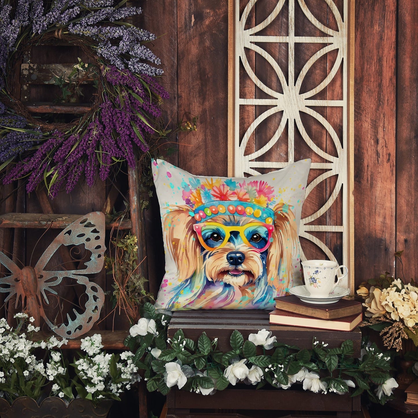 Yorkshire Terrier Hippie Dawg Throw Pillow - One Color / One Size - Home & Garden - Home Textile - Pillows