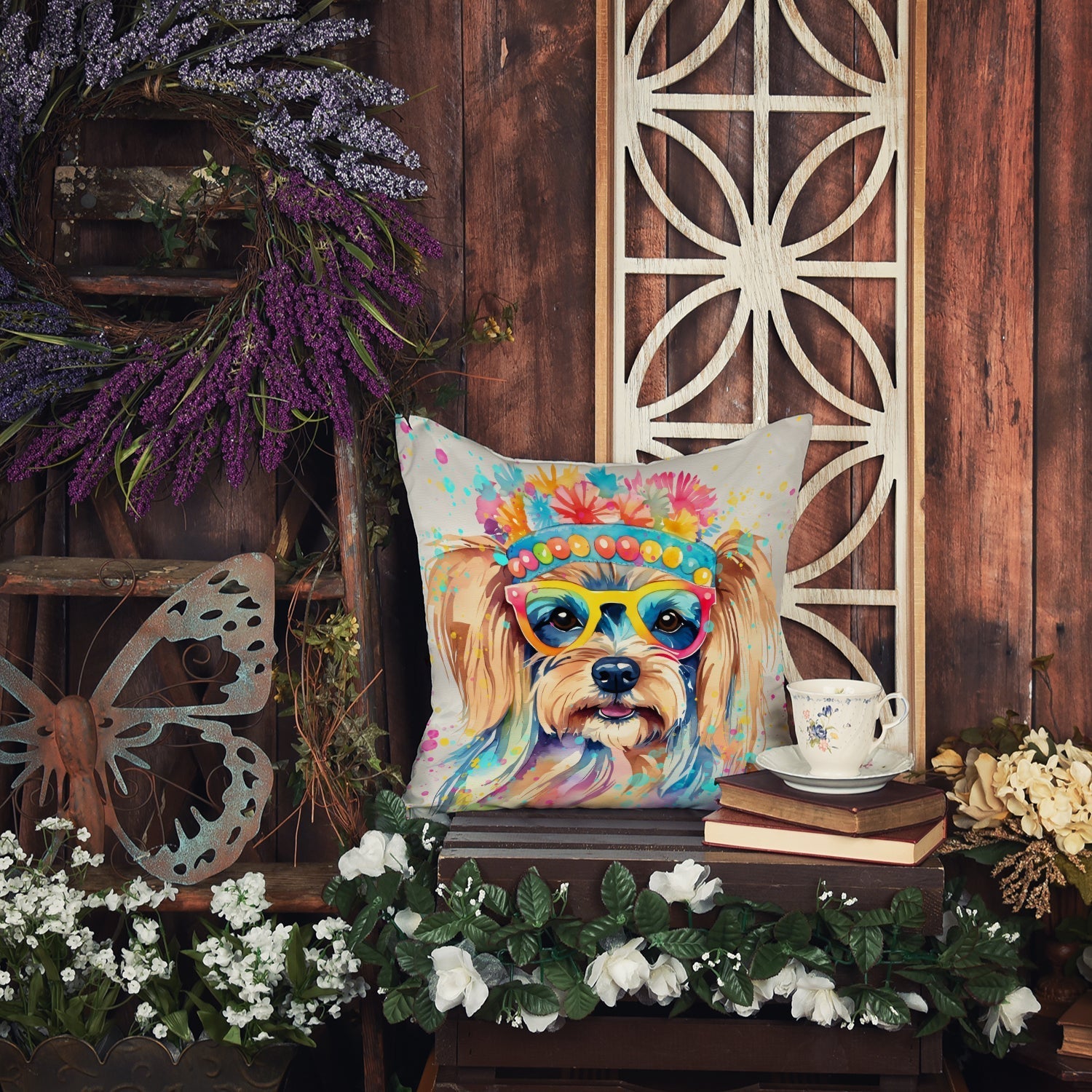 Yorkshire Terrier Hippie Dawg Throw Pillow - One Color / One Size - Home & Garden - Home Textile - Pillows
