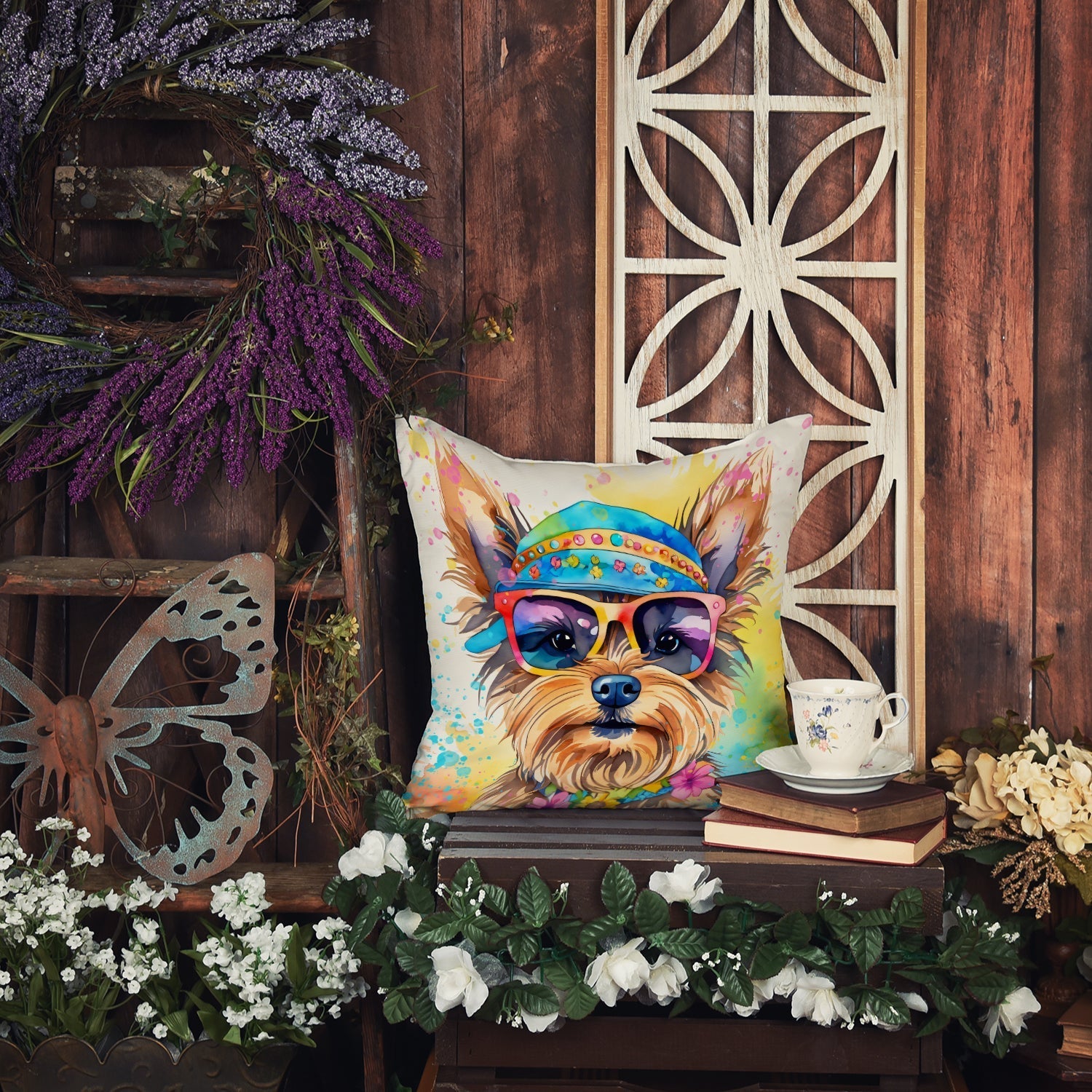 Yorkshire Terrier Hippie Dawg Throw Pillow - One Color / One Size - Home & Garden - Home Textile - Pillows