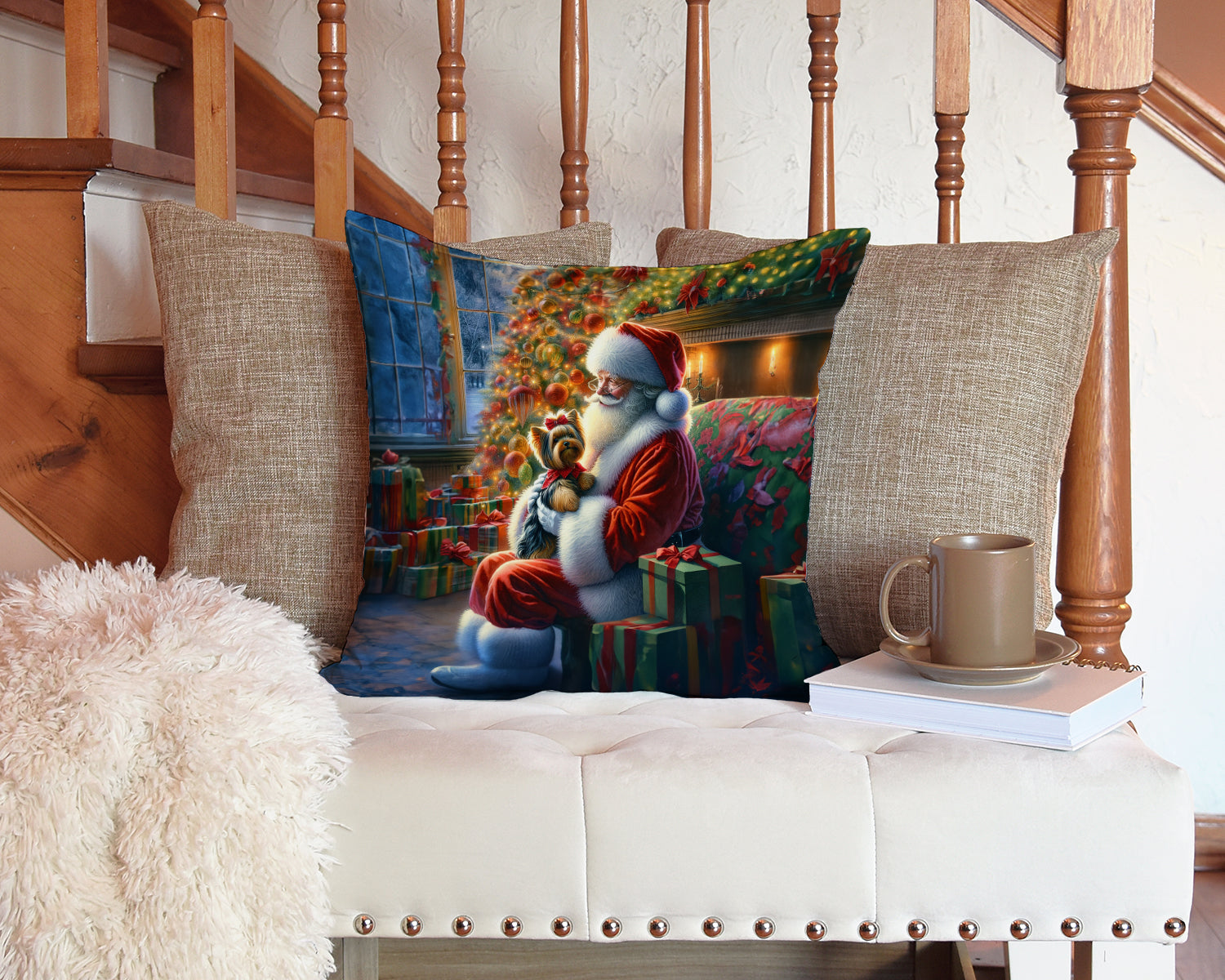Yorkshire Terrier Yorkie and Santa Claus Throw Pillow - One Color / One Size - Home & Garden - Home Textile - Pillows