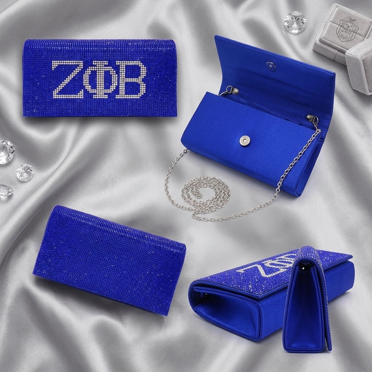 ZPB Blue and Clear Rhinestone Flap Snap Clutch Bag