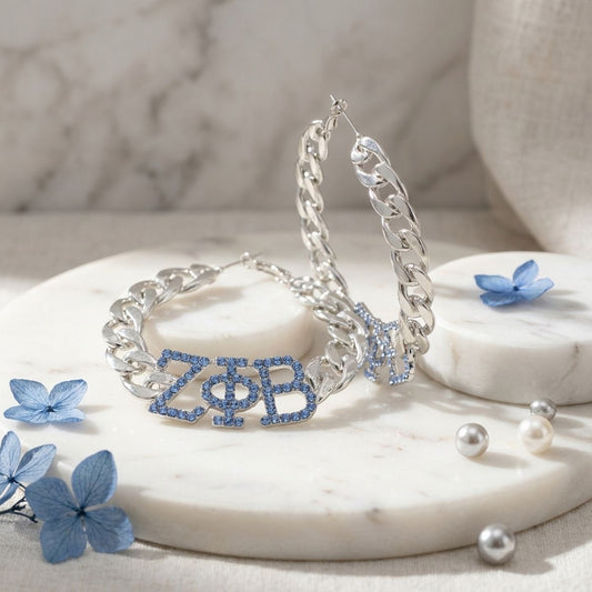 ZPB Blue Rhinestone Silver Chain Hoop Earrings