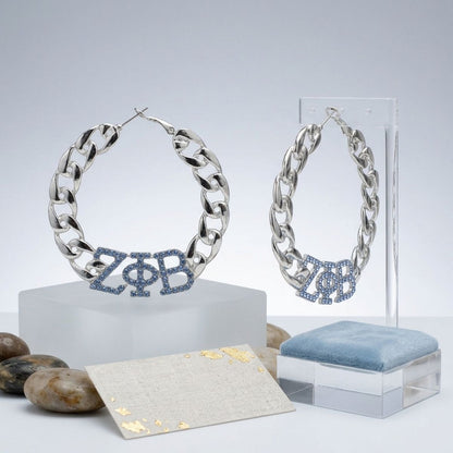 ZPB Blue Rhinestone Silver Chain Hoop Earrings