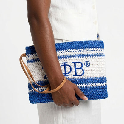 ZPB Faded Blue White Raffia Embroidered Pouch Bag