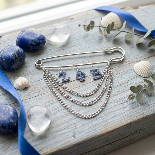 ZPB Safety Pin Chain Brooch with Blue Rhinestones