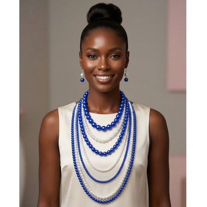 ZPB Sorority Blue White Pearl Long 7 Row Necklace