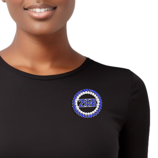 ZPB Sorority Brooch Blue White Pearl Round Pin